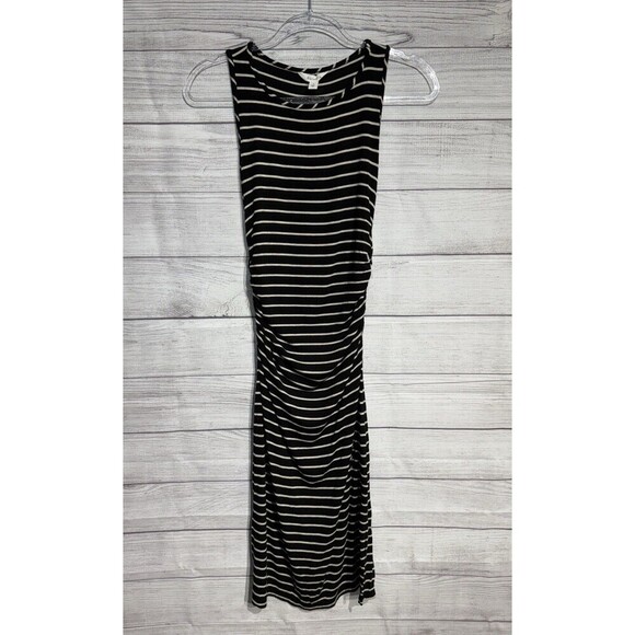 Athleta Comeback Tank Midi Dress Ruched Sleeveless Striped Black Beige SZ SMALL - Picture 2 of 5
